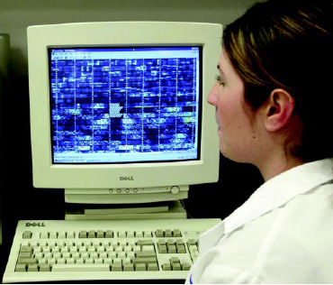 Fig. 7—The scientist analyzes a scanned image of an array. Computer software interprets the image into a data file that is analyzed to generate results.