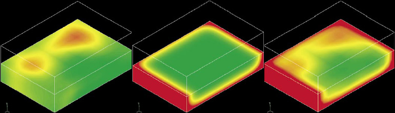 Fig. 5—Temperature contour plots at a section in potato after 2 min of heating under different heating modes (left—microwave, center—hot air, and right—combination) for the conditions noted in Fig. 4.