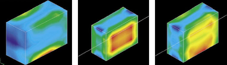 Fig. 9—Temperature contours on the potato surface after heating for 1 min using different heating modes (left—microwave, center—infrared, right—combination) for the conditions noted in Fig. 8.