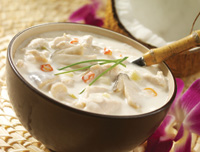 This chicken soup is very different from how your mom made it, unless she was from Thailand. Tom Kha Kai is formulated with chicken, coconut milk, lime, lemongrass, mushrooms, Thai chilies, green onions, and fish sauce.