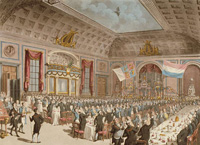The City of London Tavern was essentially a substantial suite of function rooms at which many public meetings and dinners were held, as illustrated by this 1814 interior view of the tavern where the emancipation of Holland from France was being celebrated. Nicholas Appert, the inventor of canning—using glass bottles, not cans—traveled to London in 1814 and seemed to have achieved a remarkable intimacy with the tavern within a short time. Illustration: City of London Tavern interior, by Thomas Rowlandson and J. Shepherd, aquatint (1814),