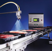 Antimicrobial spray system, AutoJet® from Spraying Systems Co., provides controlled application of antimicrobial agents onto meat and poultry products (see p. 134).