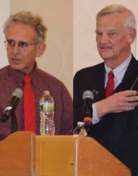 Peter Barton Hutt (left) and Michael Jacobson (right) debate the pros and cons of the U.S. food regulatory system during IFT’s Food Policy Impact Conference.