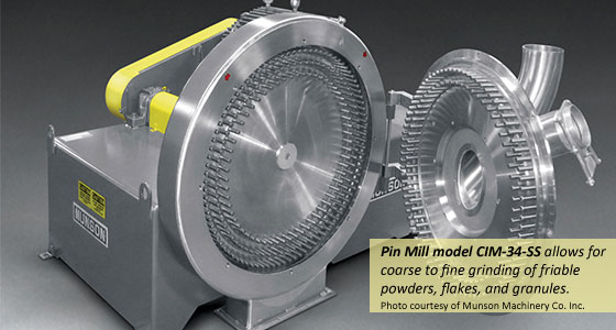Pin Mill model CIM-34-SS allows for coarse to fine grinding of friable powders, flakes, and granules.