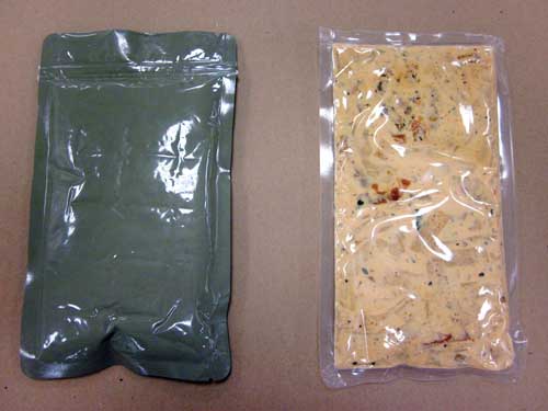 A Standard Foil-Based Retort Pouch (left) vs. a Polymer-Based Pouch (right)