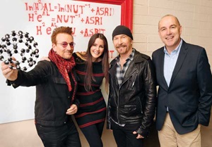 U2’s Bono (far left) and The Edge (third from left), Nora Khaldi and CEO Emmet Browne. 
