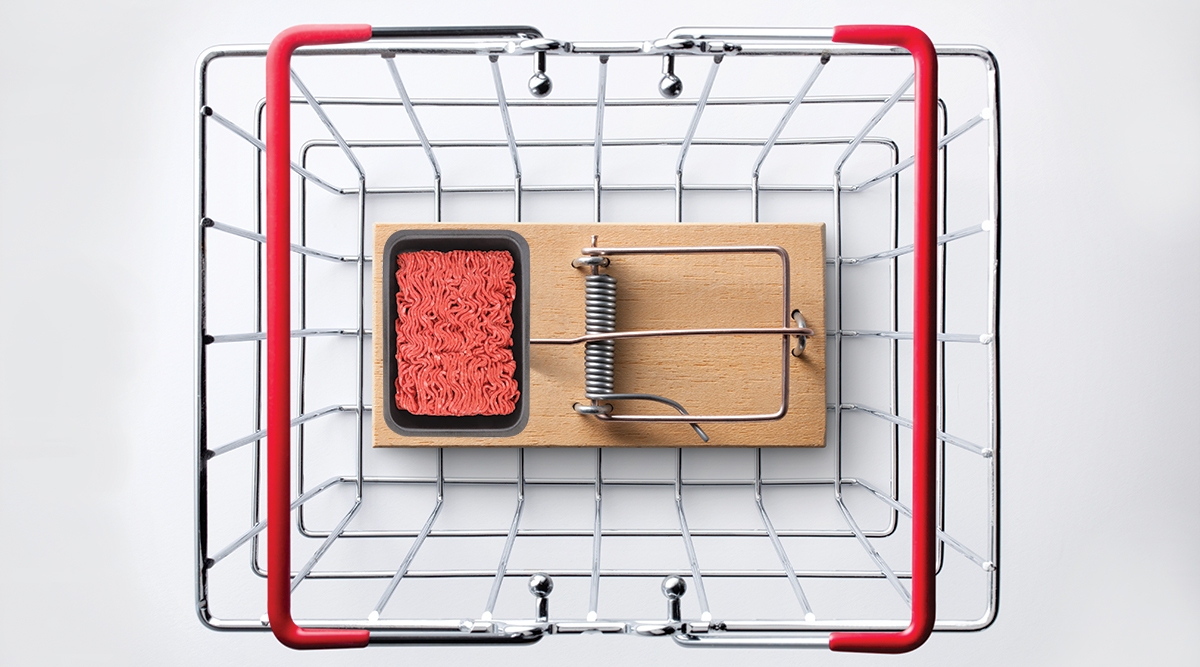 Metal basket with mouse trap baited with raw hamburger meat