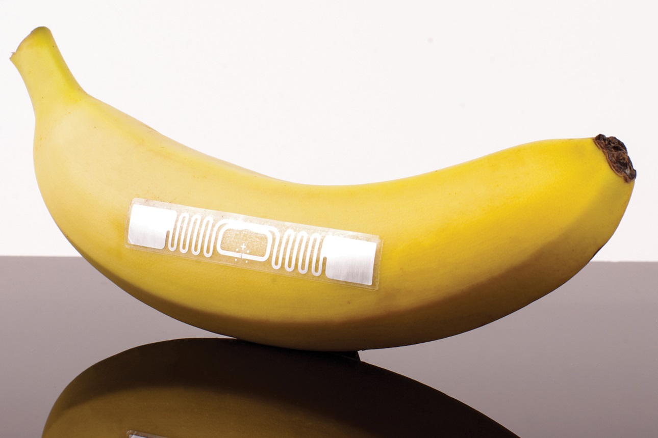 Banana with semi-passive radio frequency identification (RFID) label.