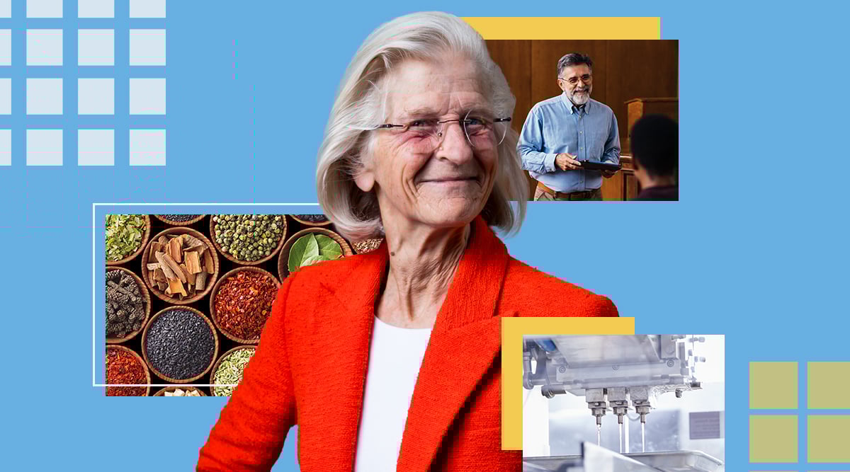 Elder woman smiling with surrounding square graphics of food ingredients in bowls, a man speaking in front of people, and lab equipment