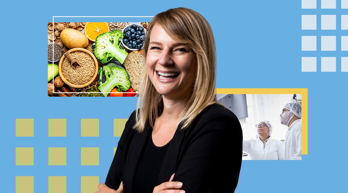 Woman smiling with surrounding square graphics of fresh food and scientists working in a lab