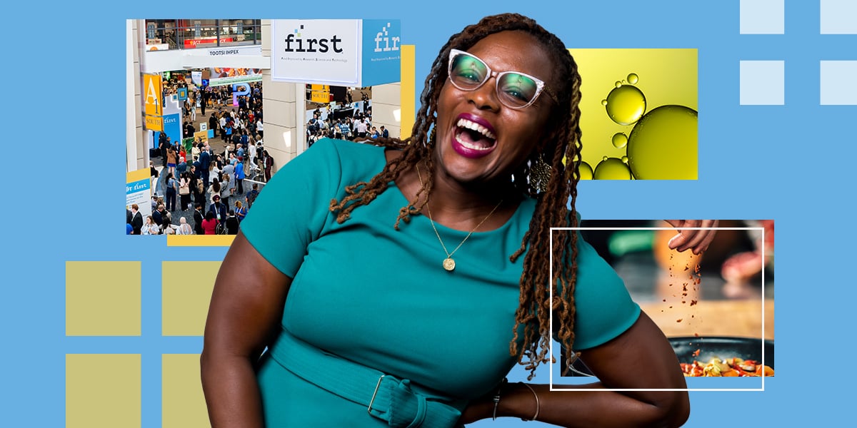 Woman smiling with surrounding square graphics of a busy expo hall at IFT FIRST, molecules, and a hand adding spice to a cooking pan