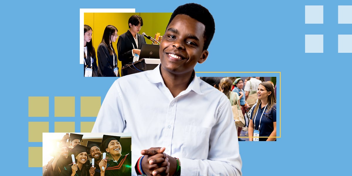A young male student smiling with surrounding square graphics of graduates, students presenting at IFT FIRST, and a student networking at IFT FIRST