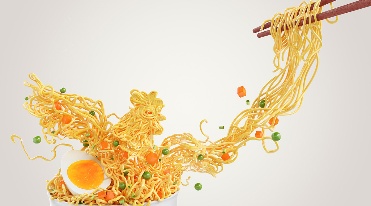 Ramen flying out of a bowl and chopsticks