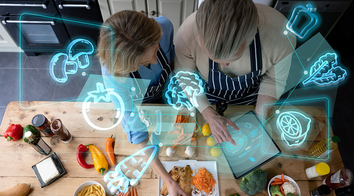 a couple prepares a meal with tech symbols floating above
