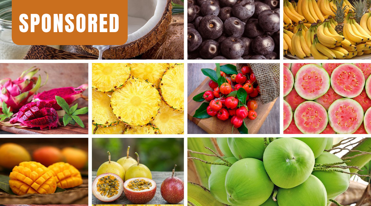 A variety of tropical fruits in a grid layout