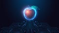 Smart nutrition and food technology with digital glowing apple and circuit board illustration.