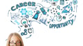 Portrait of thoughtful young woman on white background with business sketch. Career concept