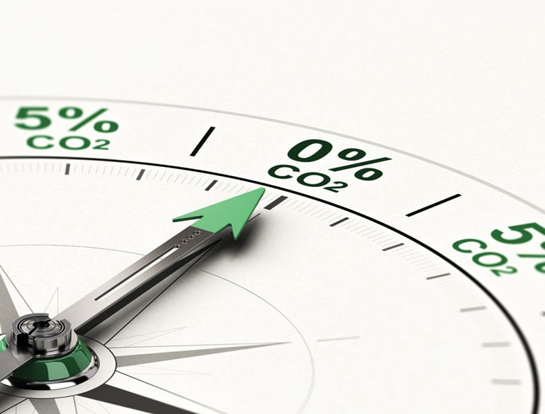 3D illustration of conceptual compass with needle pointing 0 percent of CO2. Concept of decarbonization