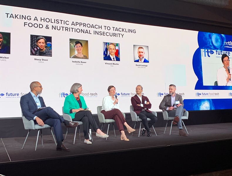 Future Food-Tech panelists discussed food and nutritional insecurity. Pictured, from left: Matthew Walker, S2G Ventures; Stacy Dean, U.S. Department of Agriculture; Isabelle Esser, Danone; Vincent Martin, FAO; and David Lestage, Kellanova.
