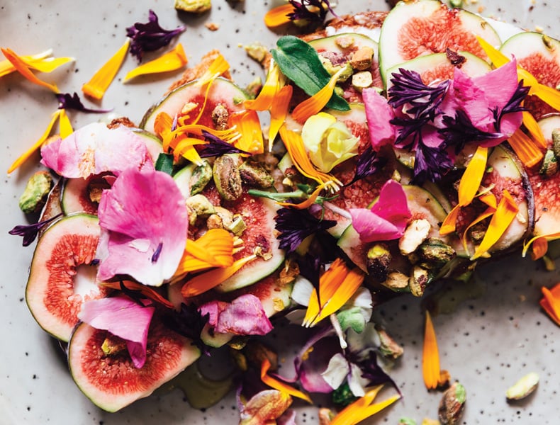 Fig toast with edible flowers
