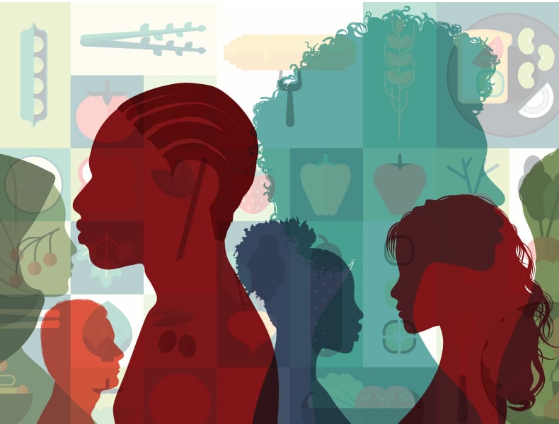 Illustration of silhouettes of people and food.