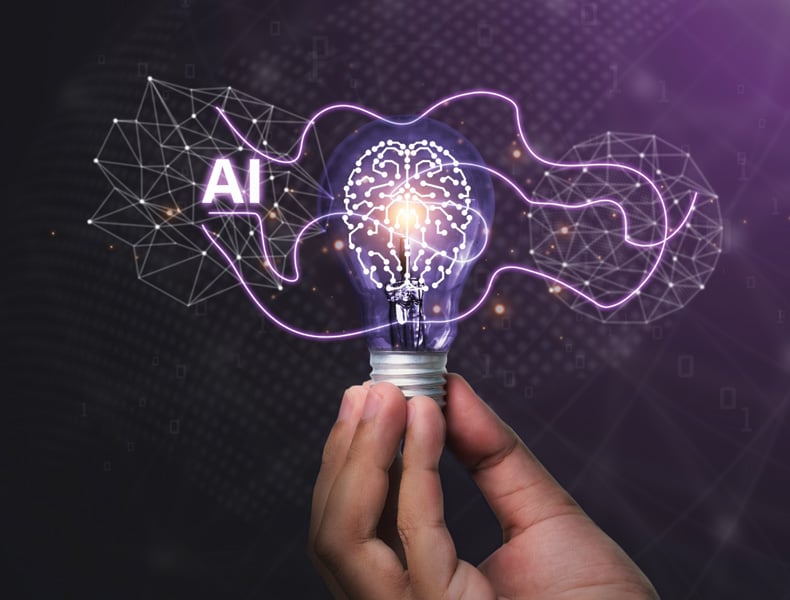 AI creates tools modern innovation Image of the brain in a light bulb with circuit boards. Concept of future global connectivity innovations to enable access to information and online networks.