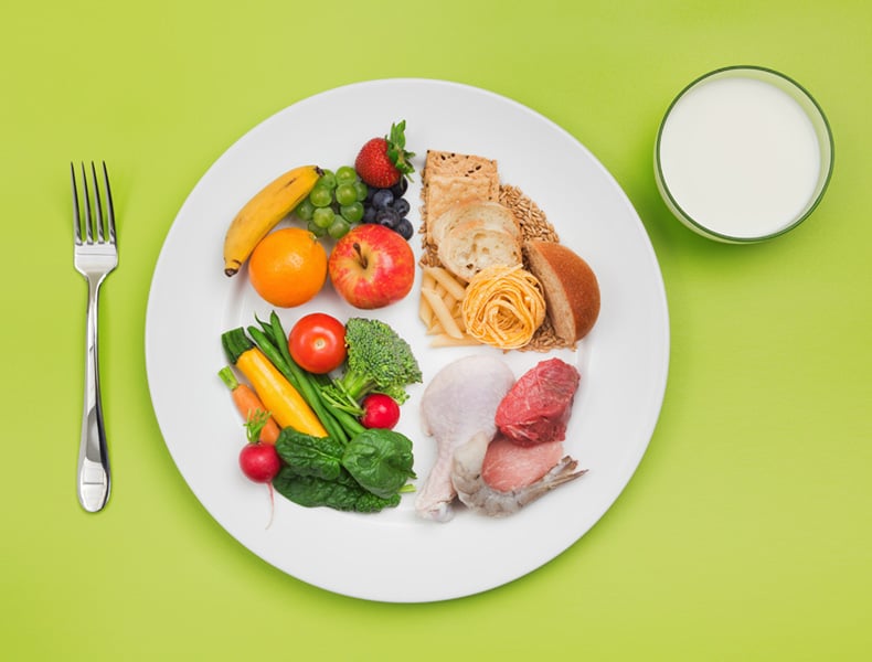 The USDA “ChooseMyPlate” basic food group for healthy diet, with a plate of recommended food choices.