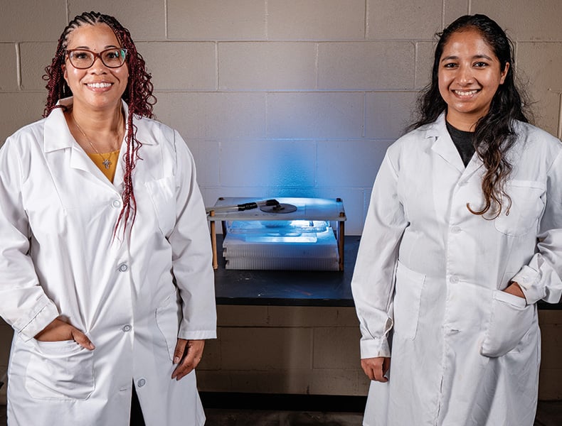 Texas A&M University researchers Janie McClurkin Moore (left) and Shikhadri Mahanta