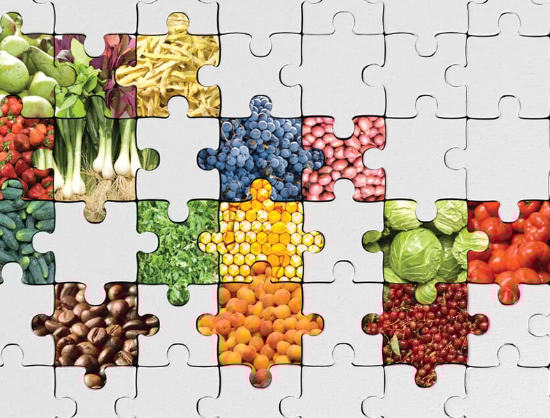 Puzzle with pieces, photos of vegetables and fruits.