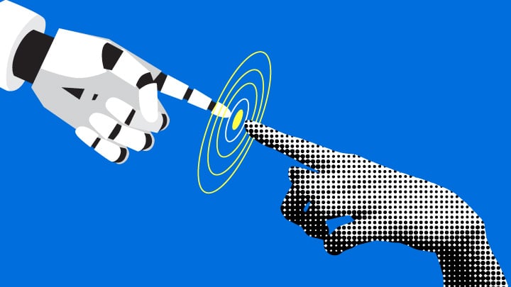 Robot and person touching fingers print and digital concept.