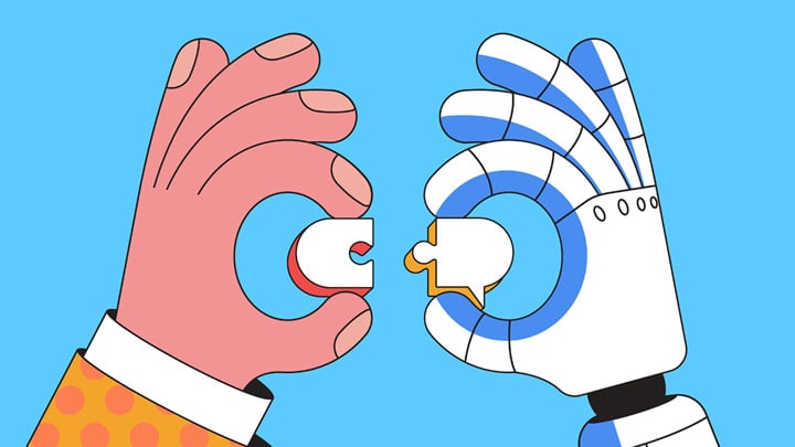 Human and robot collecting puzzle. AI communication, collaboration, and teamwork.