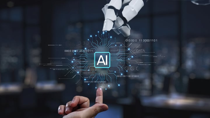 A striking visual representation of artificial intelligence where a robotic hand reaches out to a human finger, symbolizing the merging of technology and human interaction.