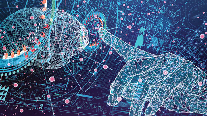 3D illustration for Polygon hand touches mirrored data in cyberspace, big data processing, analytics concept.