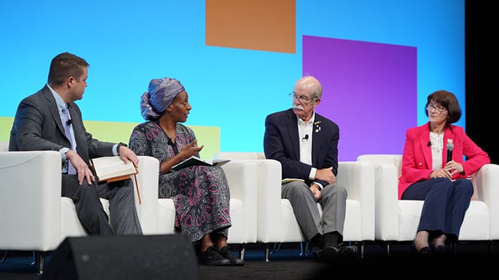 From left: Blake Harris (IFT), Mercy Lung'aho (International Institute of Tropical Agriculture), Paul Bowen (Beverage Industry Environmental Roundtable), and Carmen Moraru (Cornell University)