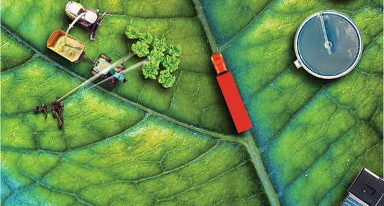 Leaf with farm, sewage treatment plant, wind turbine, factory with solar panels, and farm.