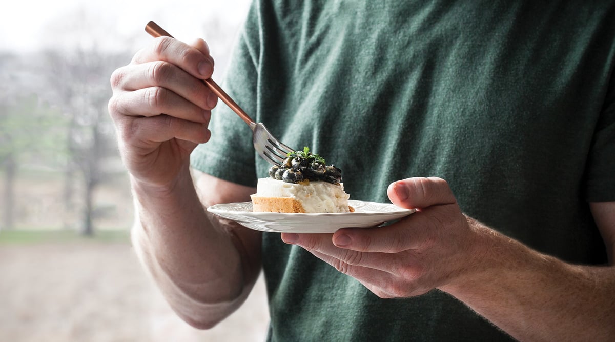 Eating cake on a plate