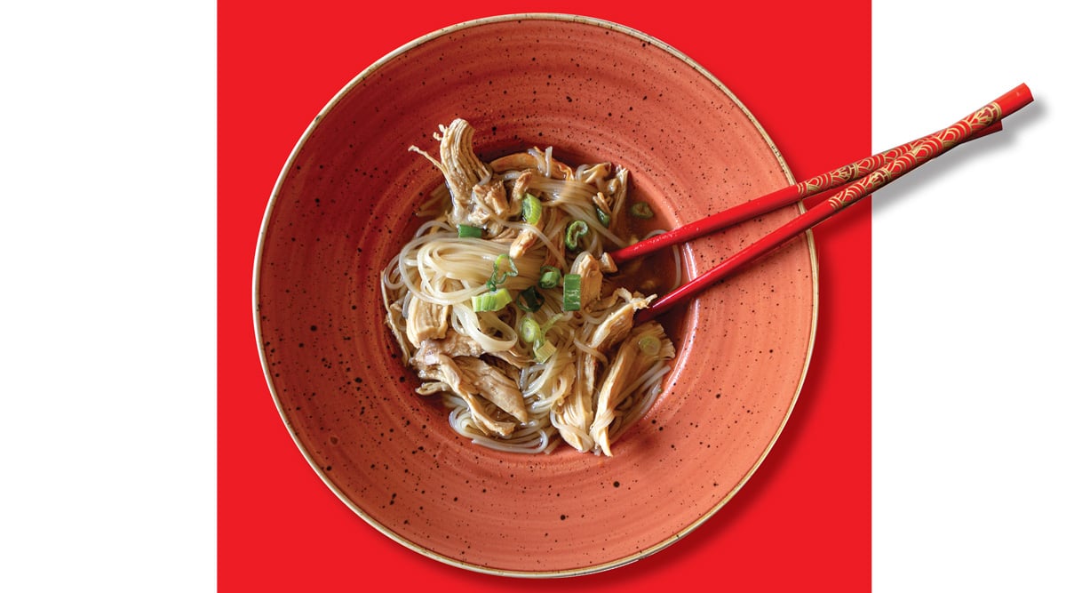 Pho-In-One Chicken Soup features rice noodles, scallions, bean sprouts, and flavor-boosting seasonings.