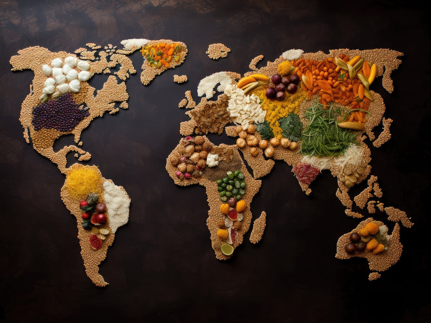 World map created from various foods and ingredients, representing global food systems and food innovation.