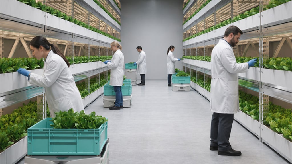 Food scientists in lab coats inspecting produce in a lab.