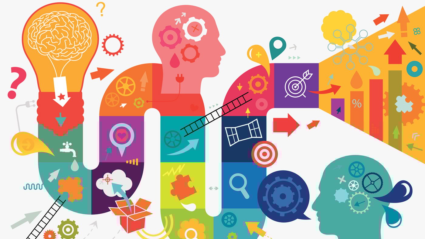 Abstract vision of creative thinking that starts from idea and then continue with looking at problems or situations from a fresh perspective that suggest solutions.