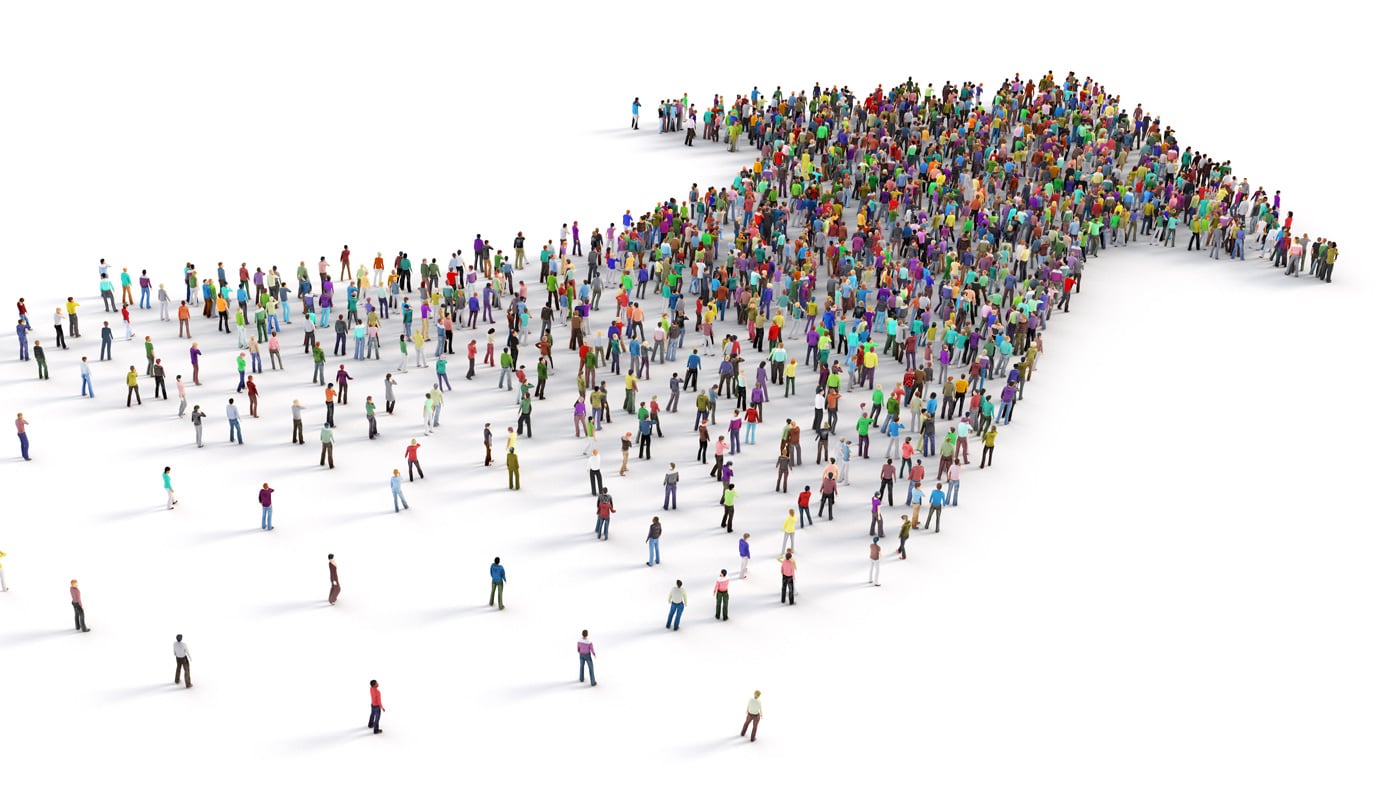 People crowd in form of arrow on a white background. 3d illustration