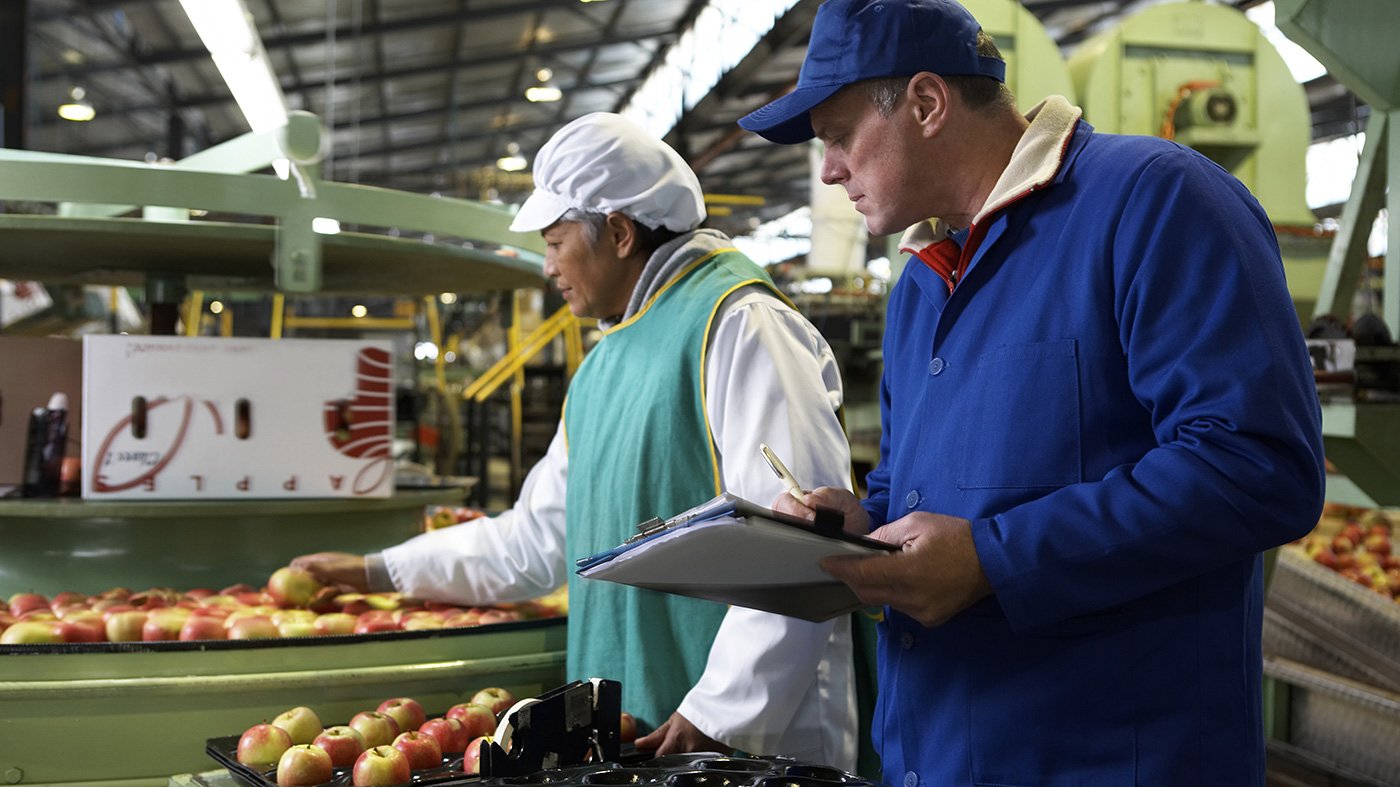 Two people in an apple factory.