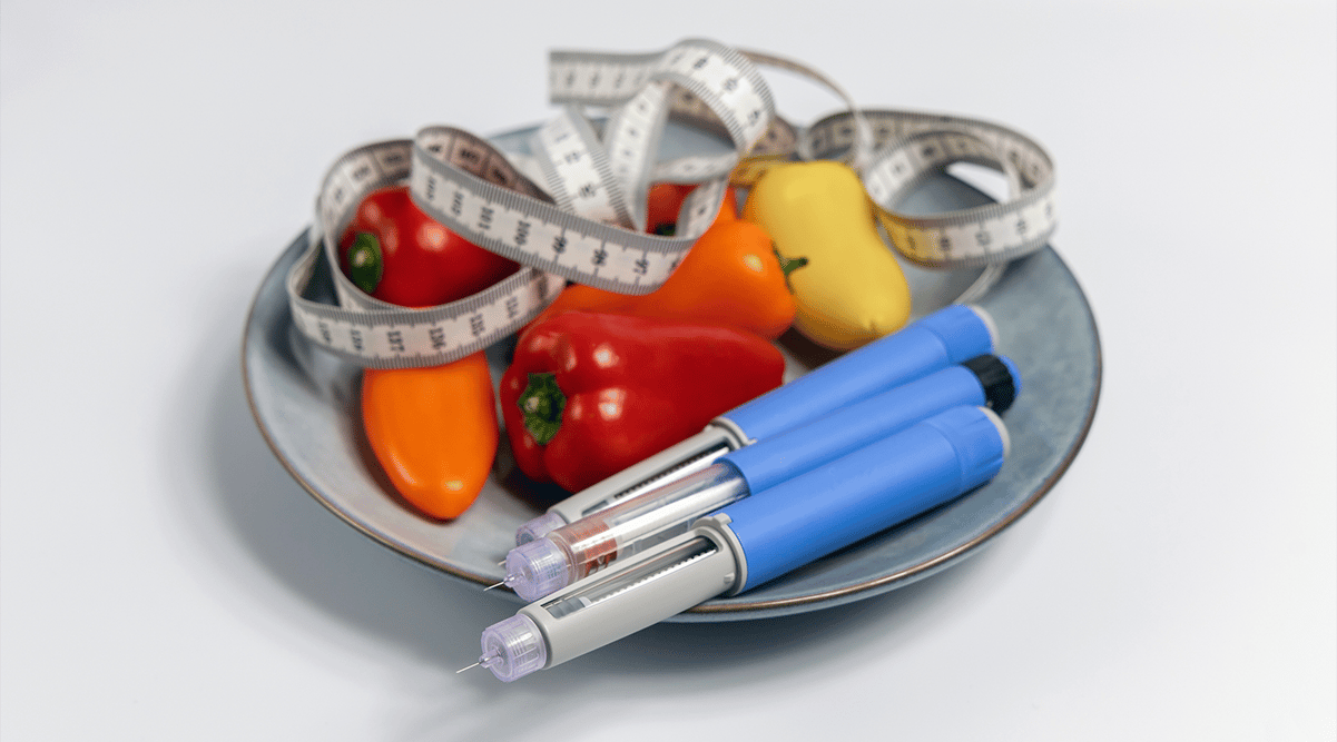 GLP-1 drug and healthy foods image