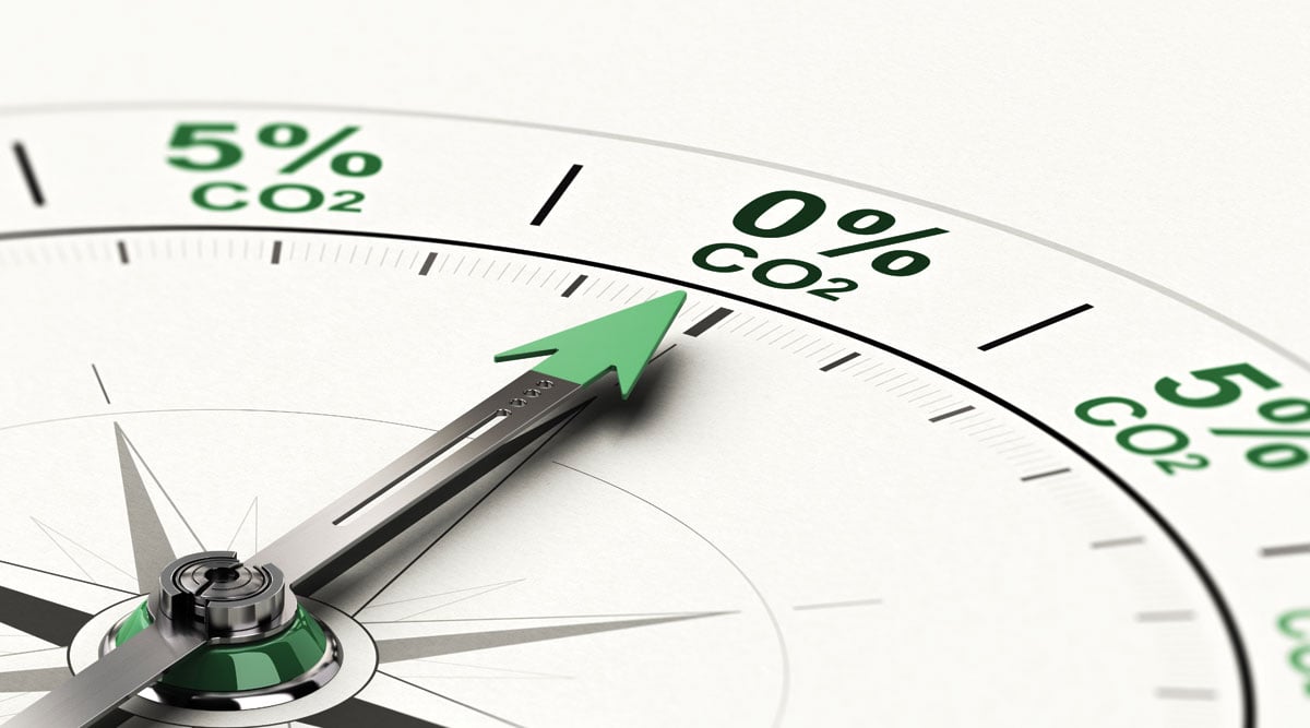 3D illustration of conceptual compass with needle pointing 0 percent of CO2. Concept of decarbonization