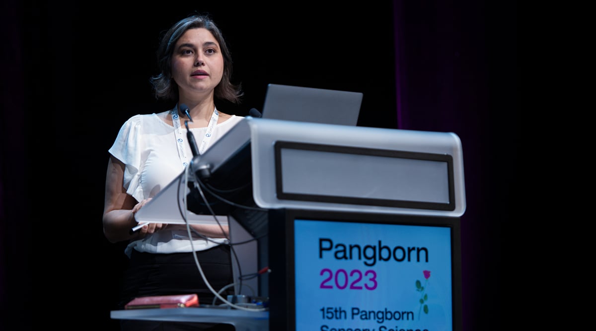 Laura Coelho discusses her EmoMap research at a symposium.