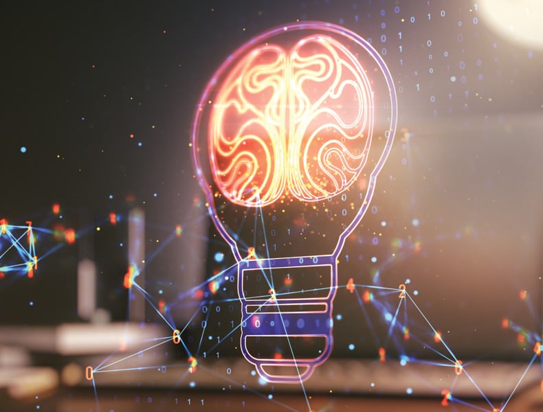 Creative light bulb with human brain hologram on modern laptop background, artificial Intelligence and neural networks concept.