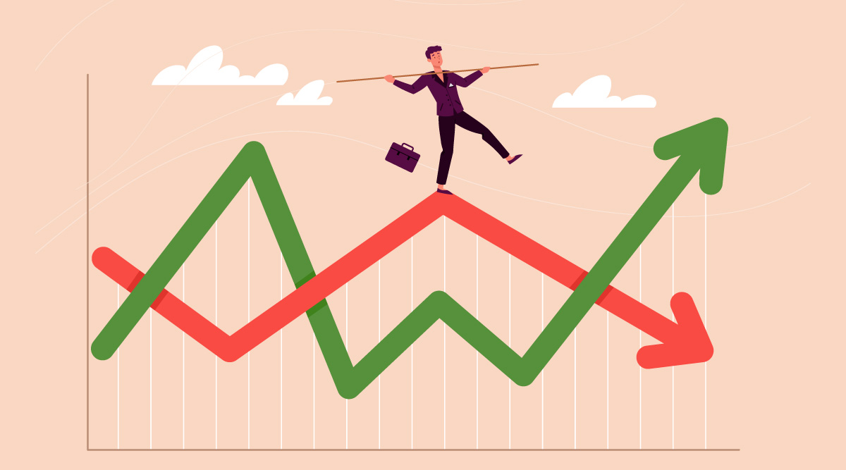 Illustration of person balancing on graph lines trending in opposite directions.