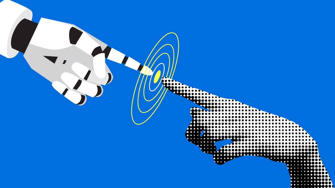 Robot and person touching fingers print and digital concept.