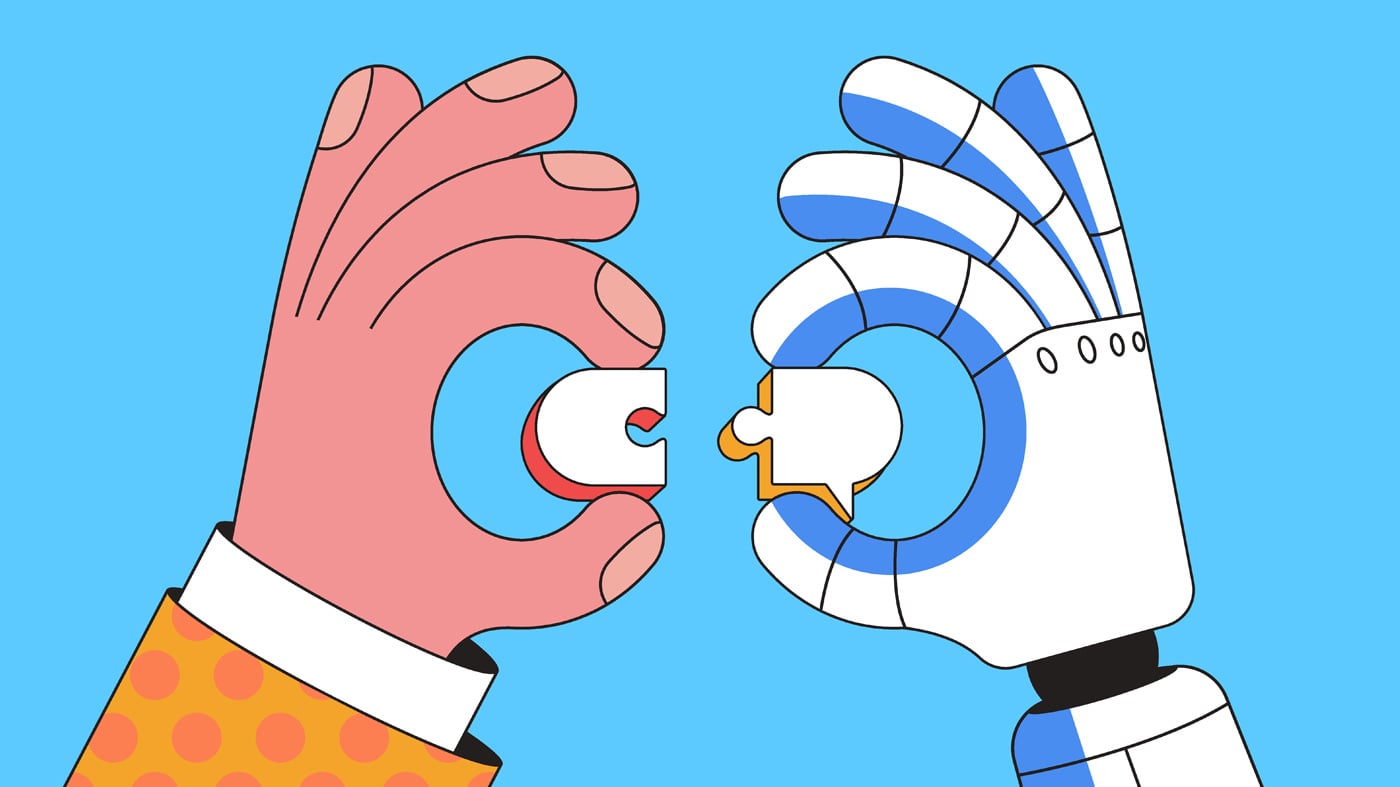 Human and robot collecting puzzle. AI communication, collaboration, and teamwork.