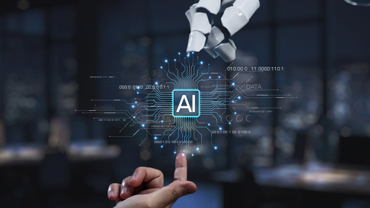 A striking visual representation of artificial intelligence where a robotic hand reaches out to a human finger, symbolizing the merging of technology and human interaction.